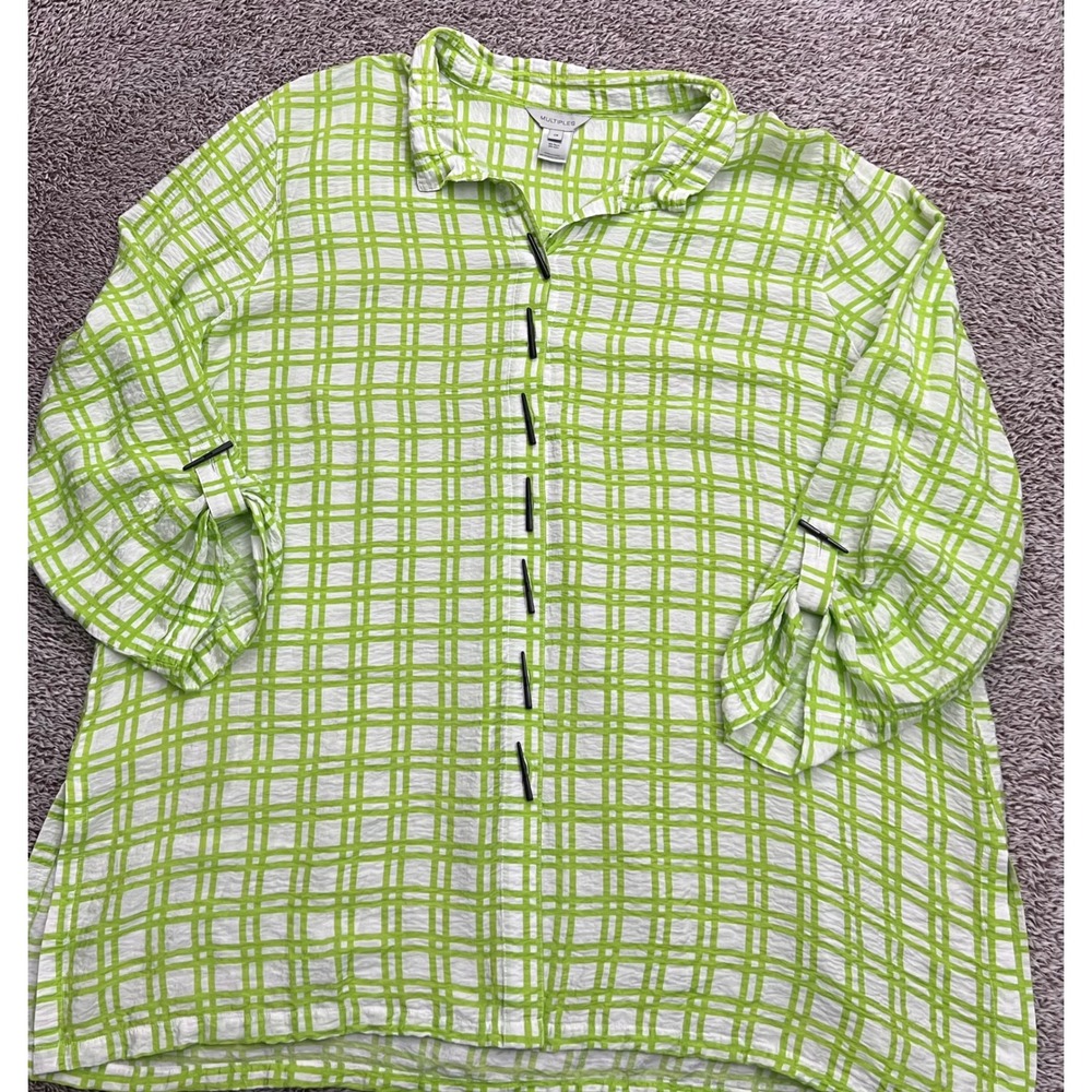 Multiples Womens 2X Lime Green Plaid Toggle Button Tunic Lagenlook Art to Wear